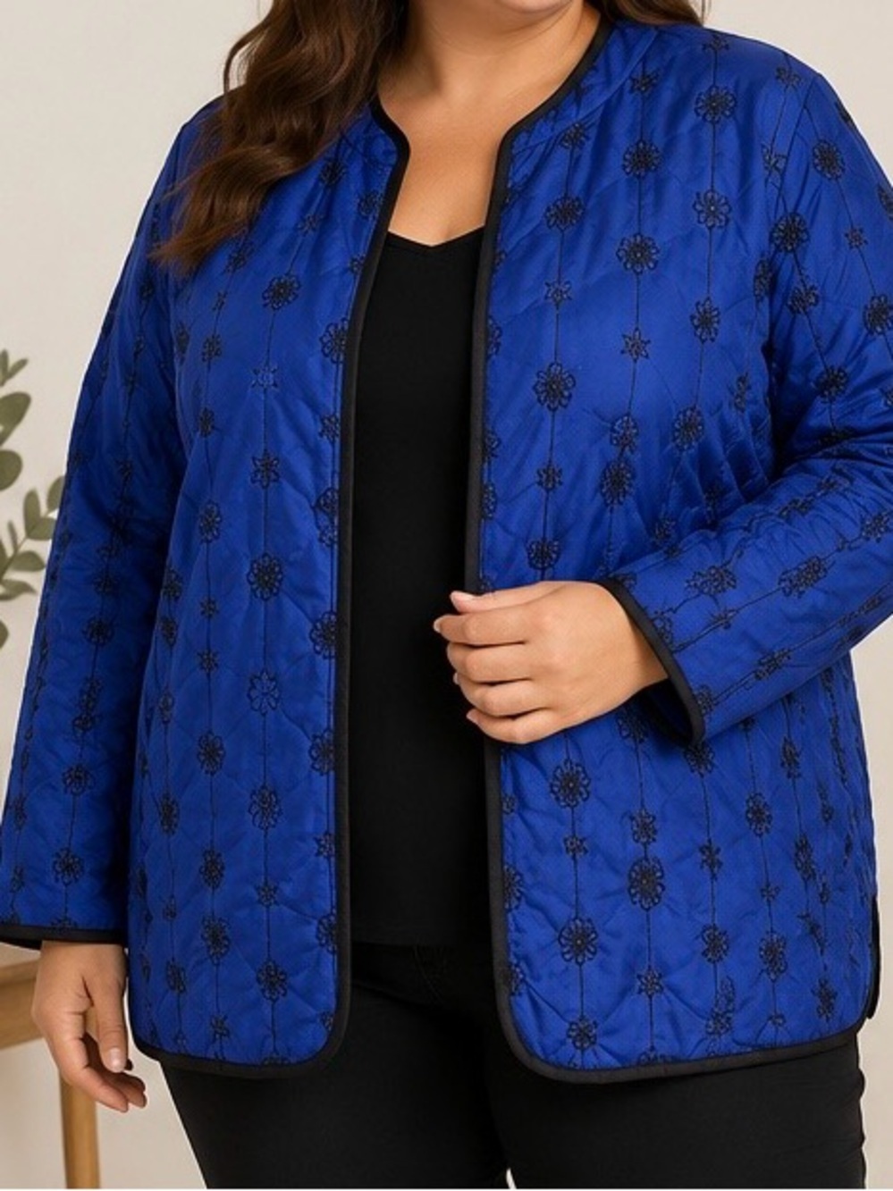 Catherines Reversible Quilted Jacket Blue Black Floral Lightweight Open Front 3X